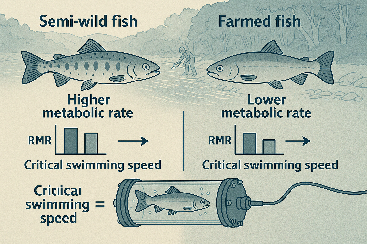 半天然魚の幼魚は養殖魚に比べて代謝率が高い